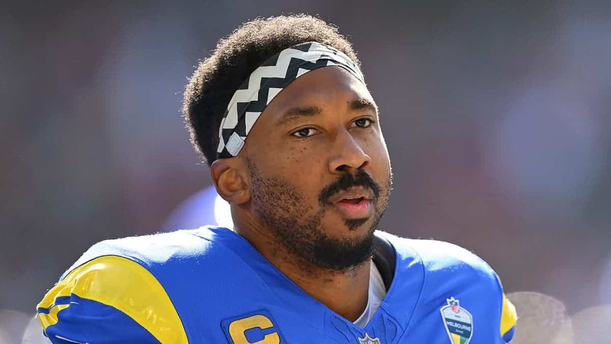Myles Garrett warms up before a game in Melbourne, Australia.