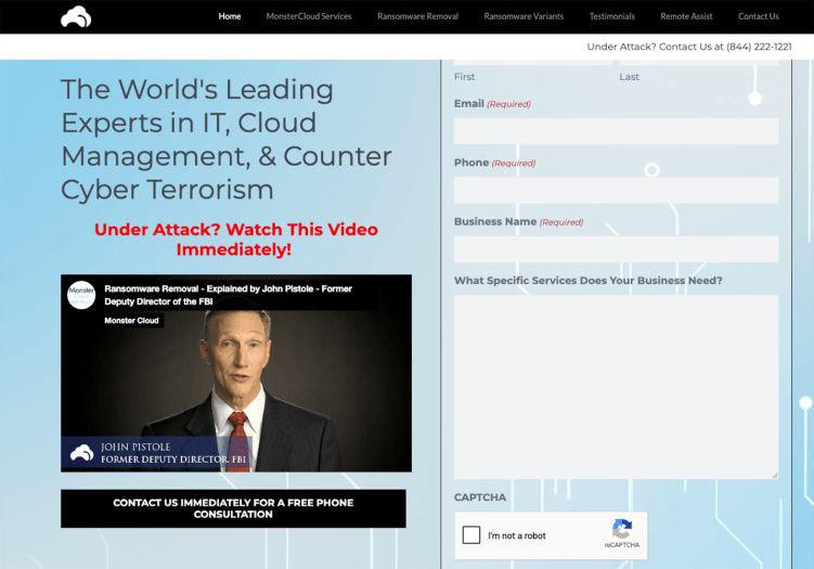 A webpage with the words: “The World’s Leading Experts in IT, Cloud Management, & Counter Cyber Terrorism. Under Attack? Watch This Video Immediately!” A video appears showing a man with short cropped hair wearing a suit and tie with the caption: John Pistole, Former Deputy Director, FBI.