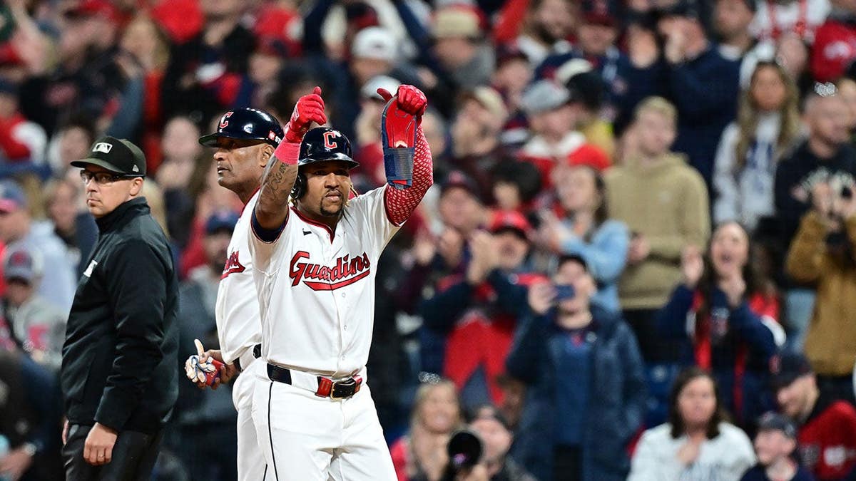 Jose Ramirez celebrates after hitting a single during the sixth inning at Progressive Field.