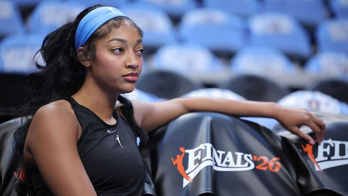 Angel Reese #5 of the Atlanta Dream looks on before Game 3 of the 2026 WNBA Finals.