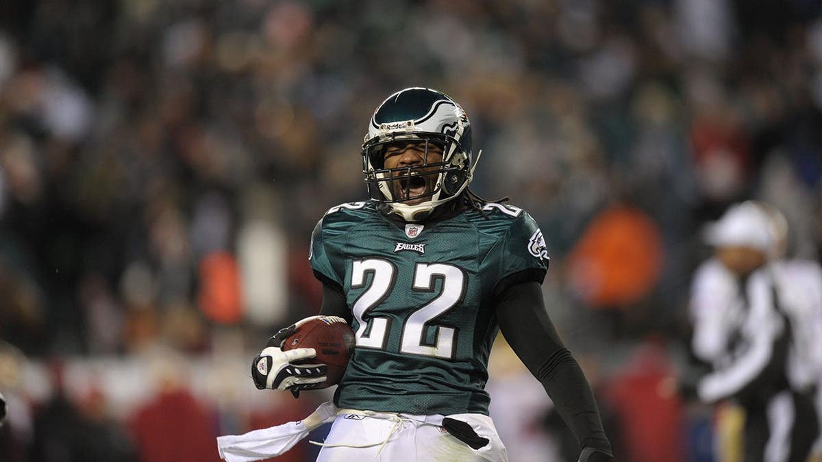 Asante Samuel celebrates after an interception during an NFL game in Philadelphia.