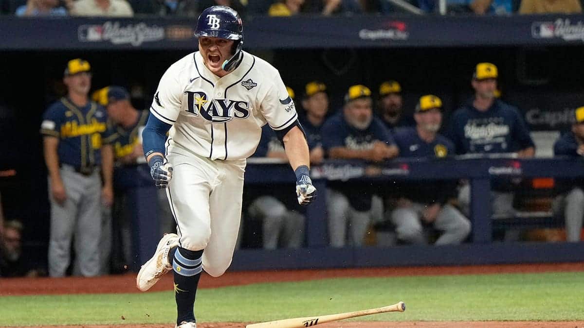 Ben Williamson celebrates after hitting a game-winning hit during Game 4 of the World Series.