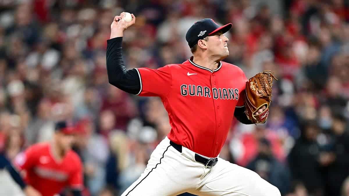 Cade Smith #36 throws a pitch during the eighth inning of an American League Division Series game.