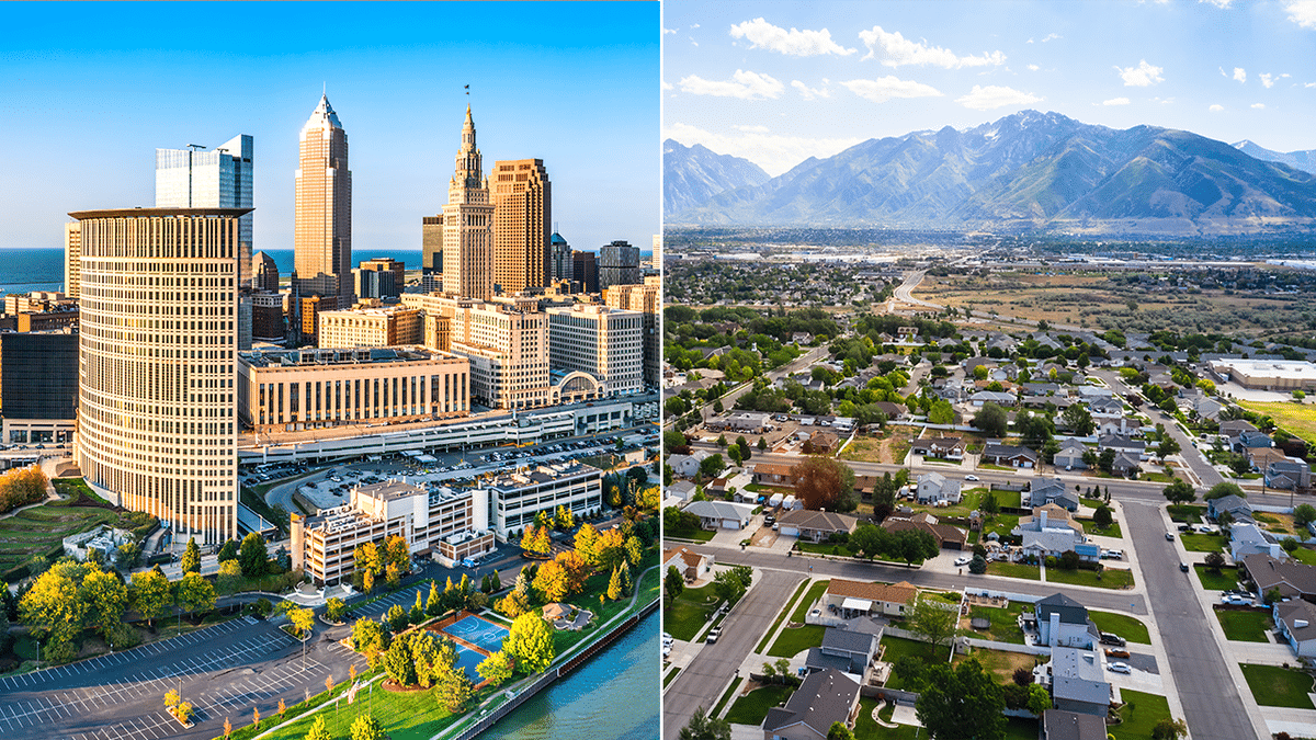 Split image of Cleveland skyline, left, and suburban Utah neighborhood, right.