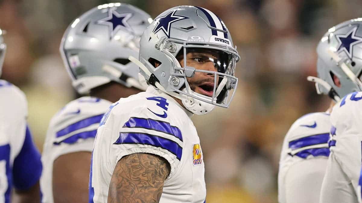 Dak Prescott reacts during the second quarter of a Dallas Cowboys game against the Green Bay Packers.