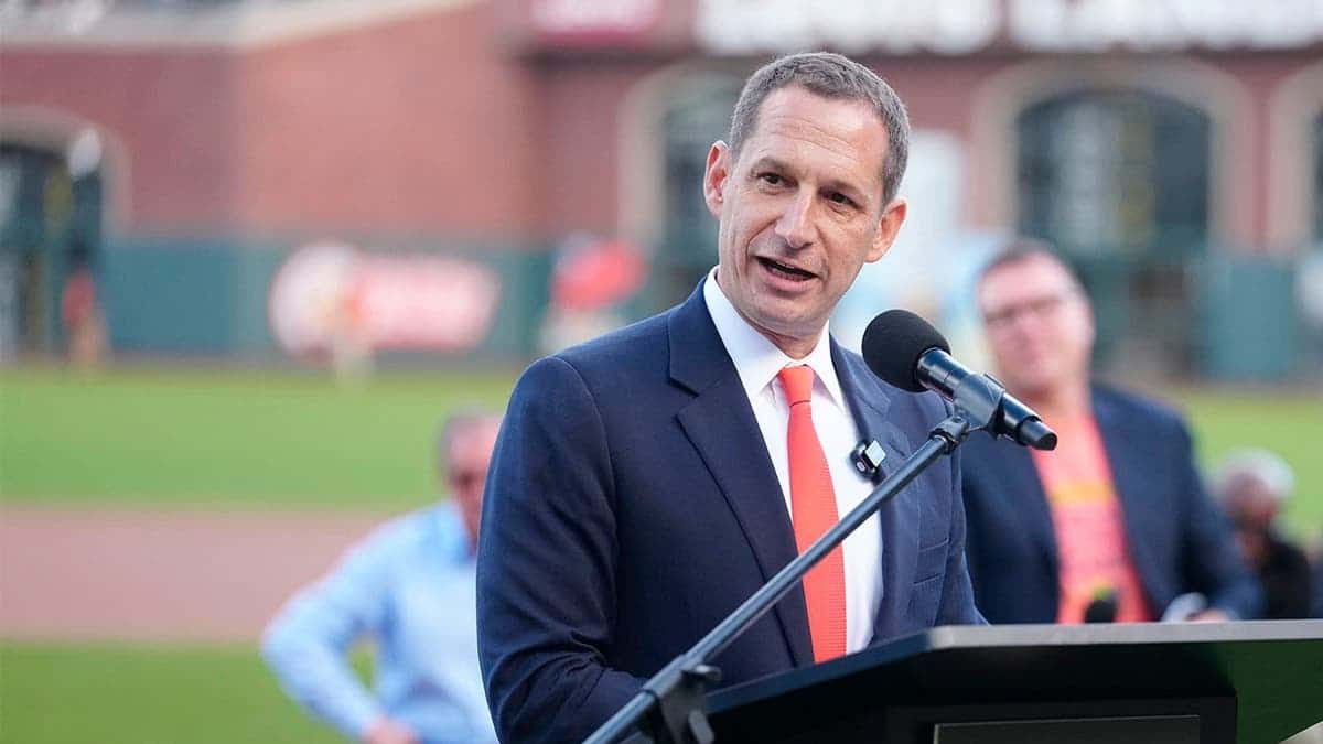 San Francisco Mayor Daniel Lurie speaks during a postgame ceremony at Oracle Park.