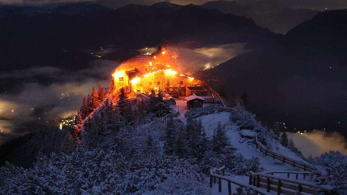 The Eagle's Nest building burns in the Bavarian Alps.