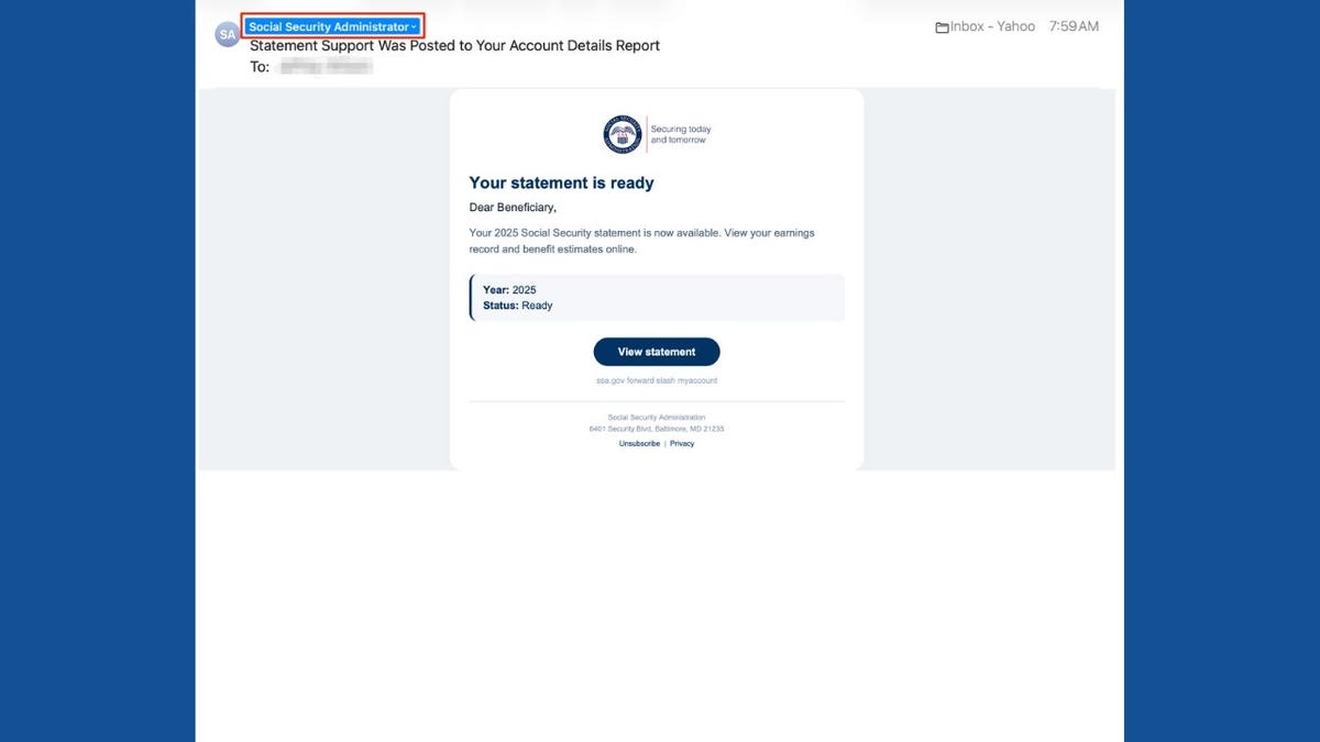 A fake Social Security statement email