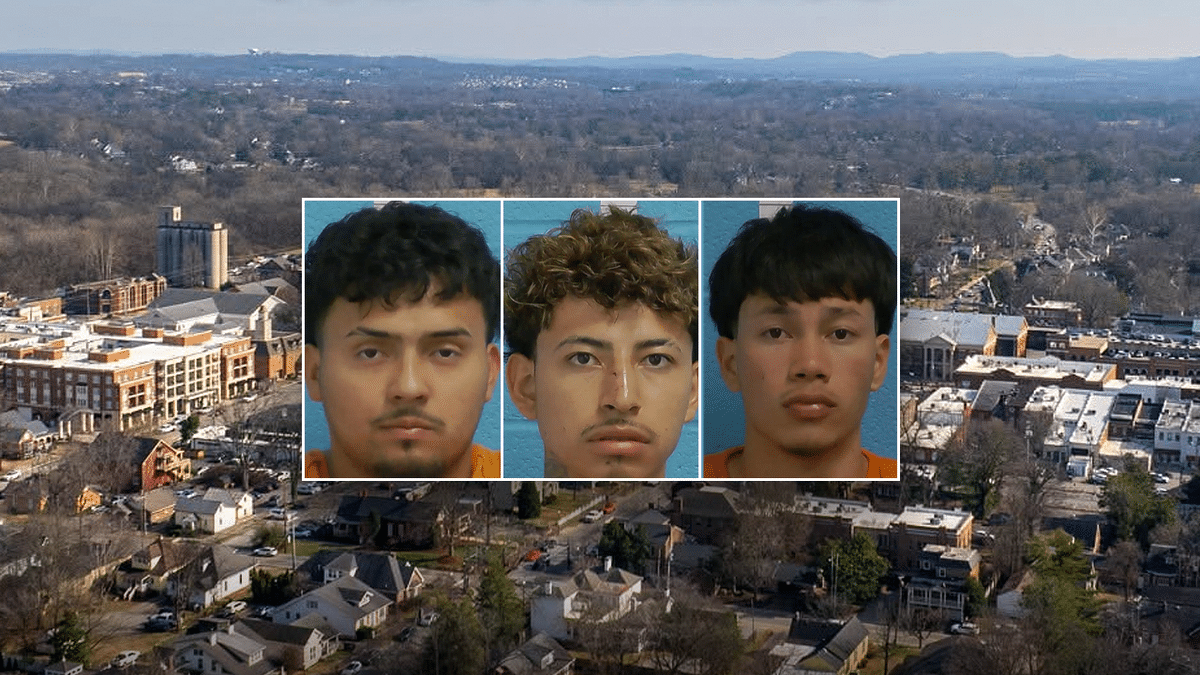 Scenic view of Franklin, Tennessee, alongside booking photos of Ivan Lagos-Espinoza, Jose Paiz-Godoy and Rubel Rodriguez-Lisa