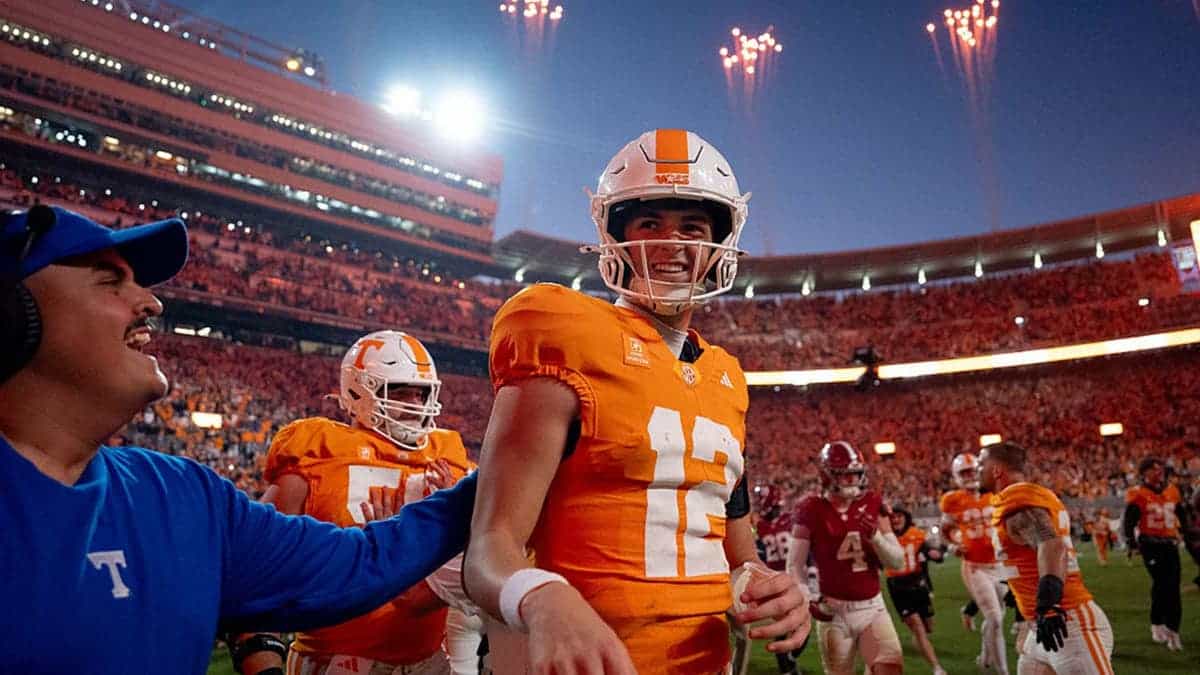 George MacIntyre celebrates after Tennessee defeats Alabama at Neyland Stadium.