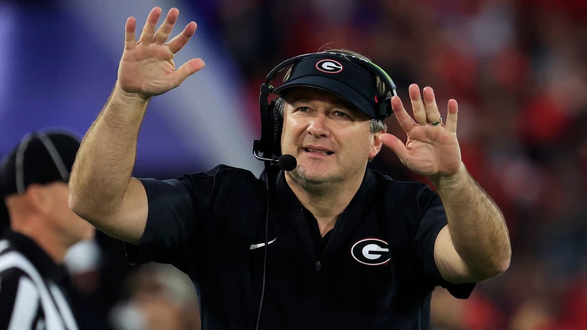 Georgia Bulldogs head coach Kirby Smart tells the students section to calm down during the fourth quarter of an NCAA football game, Saturday, Nov. 1, 2025 at EverBank Stadium in Jacksonville, Florida.