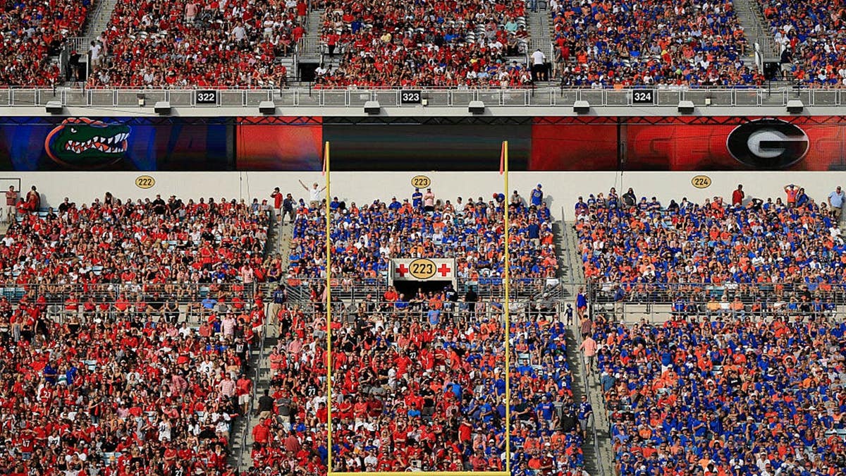 Georgia Bulldogs and Florida Gators fans fill EverBank Field during the game.