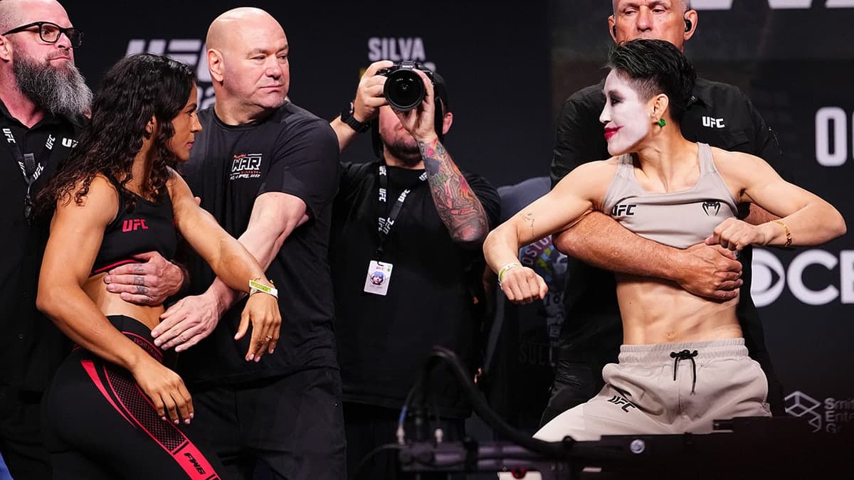 (L-R) Opponents Natalia Silva of Brazil and Wang Cong of China face off during the UFC 332 ceremonial weigh-in at Salt Palace Convention Center on Oct. 2, 2026 in Salt Lake City, Utah.