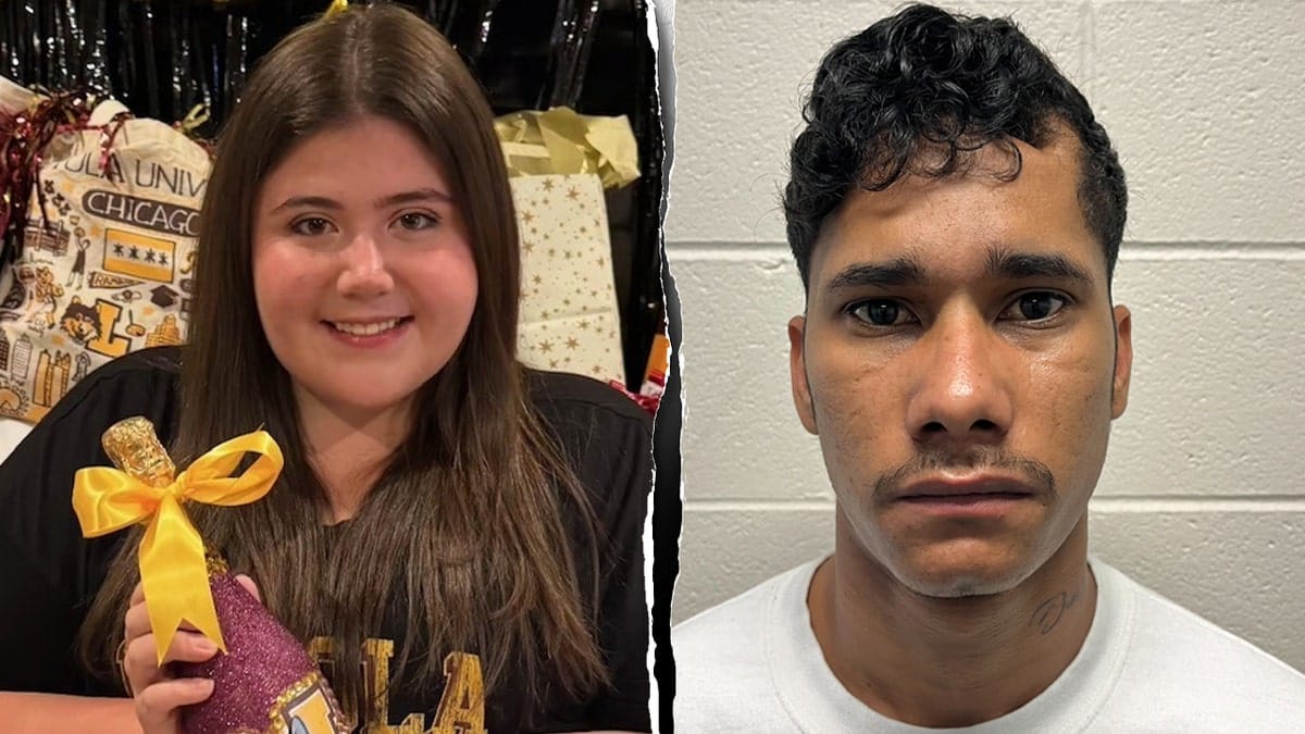 Sheridan Gorman smiling for a picture (L) and Jose Medina-Medina in a jail booking picture.