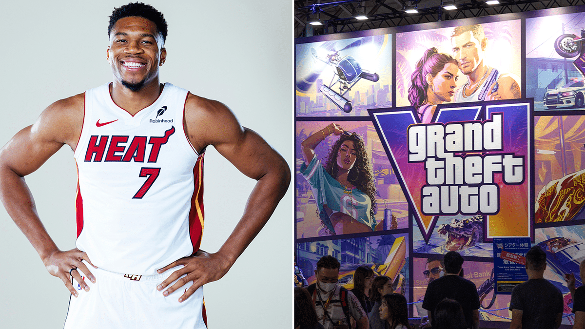 Giannis Antetokounmpo and GTA VI poster