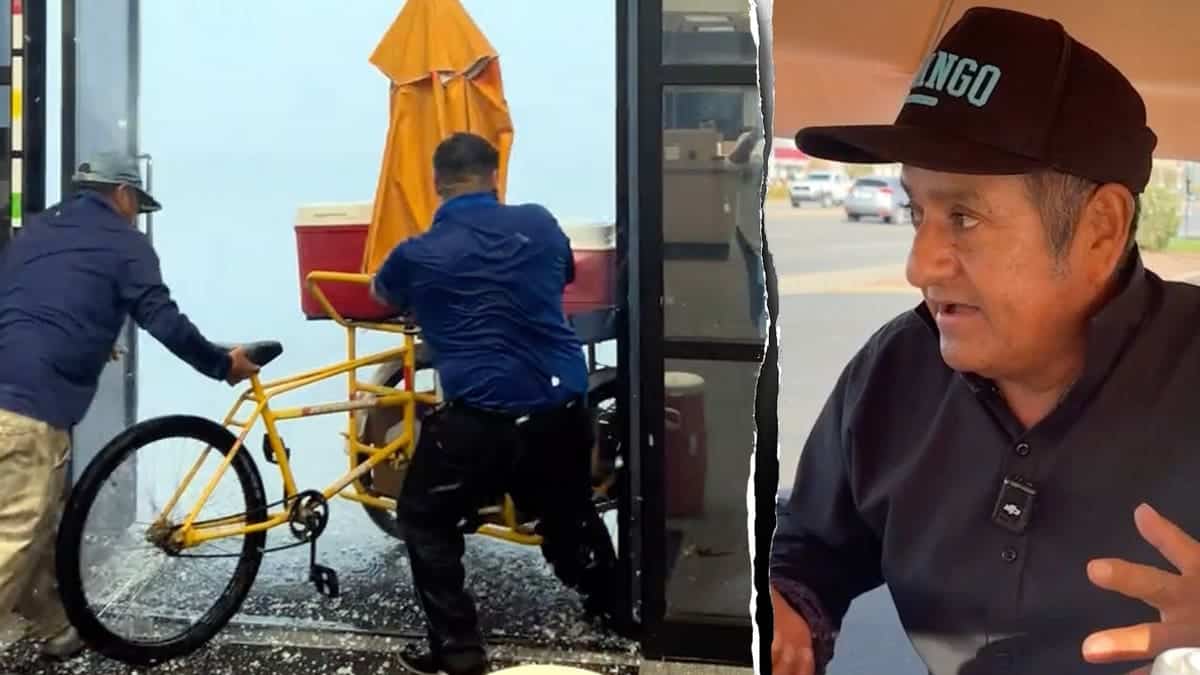 Hilario Cruz Cruz and an image of him struggling against powerful winds as bank employees helped pull his food cart inside during a storm in Phoenix.