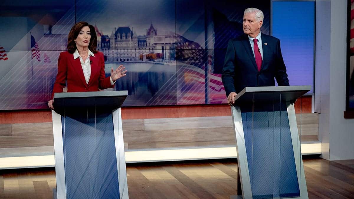 Gov. Kathy Hochul and Bruce Blakeman face off during a debate in New York.