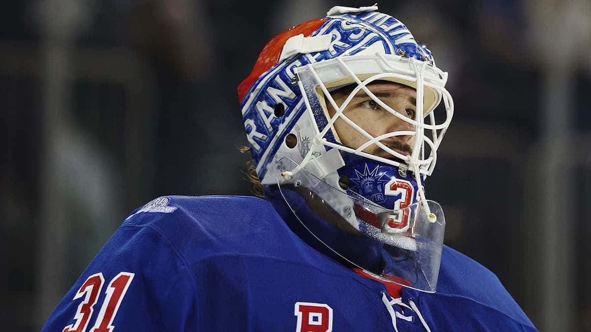 Igor Shesterkin #31 stands in goal during a New York Rangers game against Utah Mammoth at Madison Square Garden.