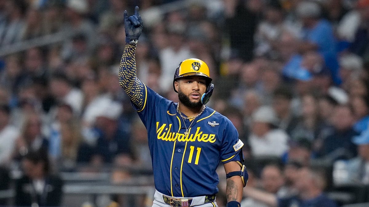 Jackson Chourio celebrates after hitting a base during Game 3 of the World Series.