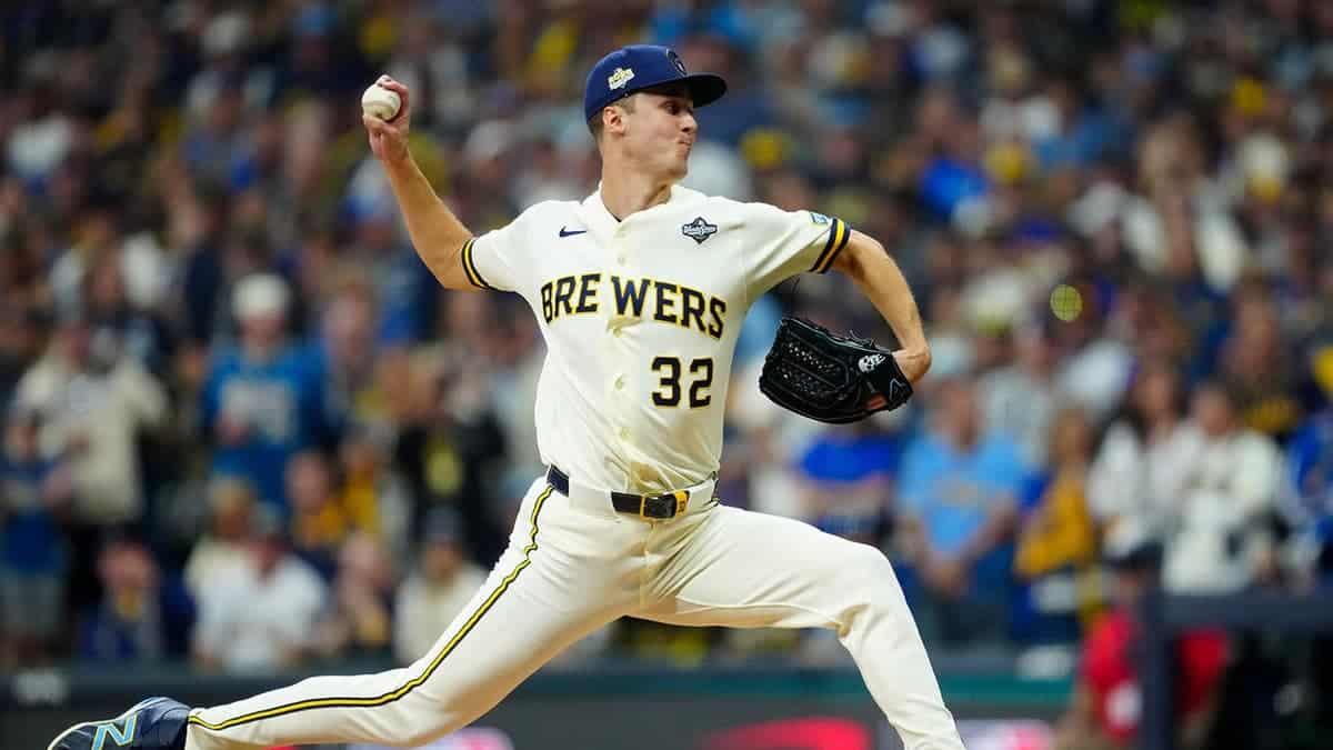 Jacob Misiorowski pitches for the Milwaukee Brewers during the World Series.