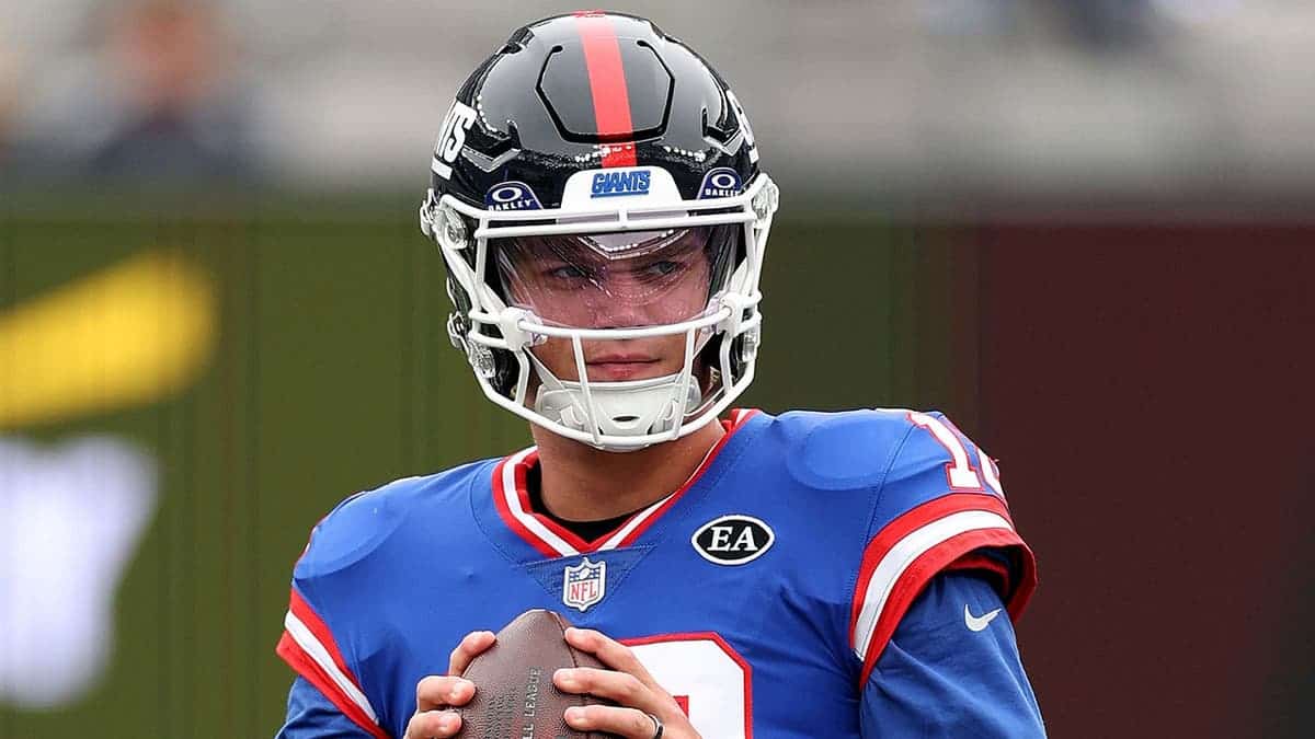 J.J. McCarthy warms up before a game at MetLife Stadium.