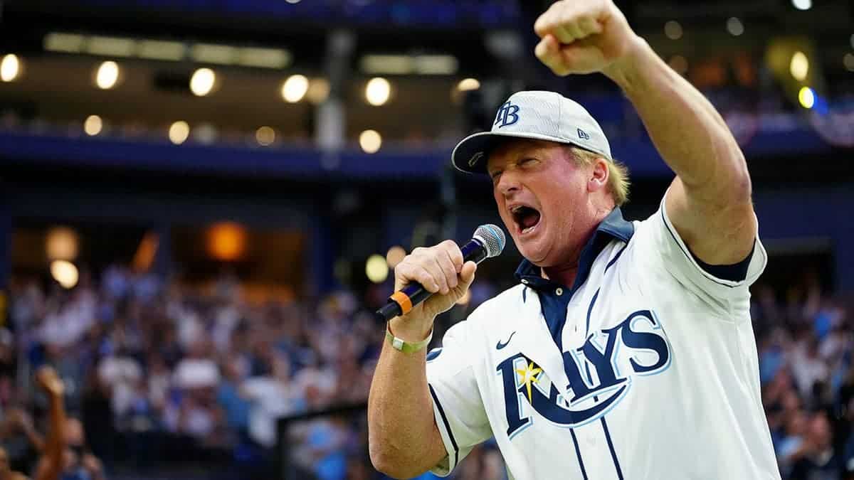 John Gruden gives the play ball call at Tropicana Field.