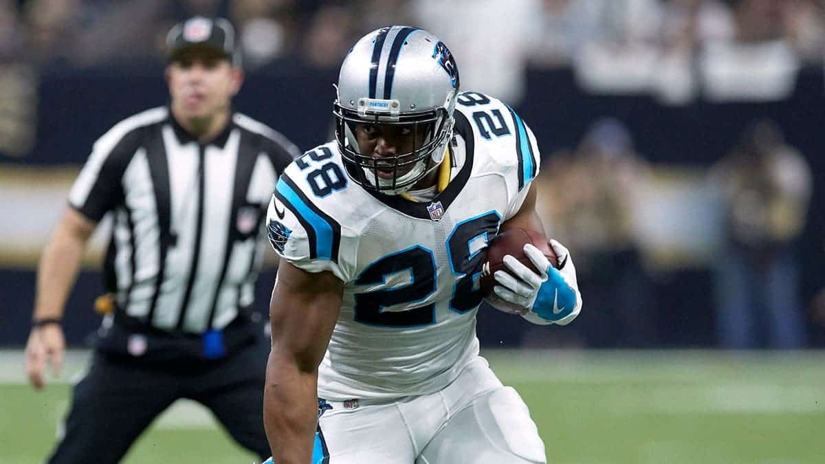 Jonathan Stewart rushes with the football against the New Orleans Saints.