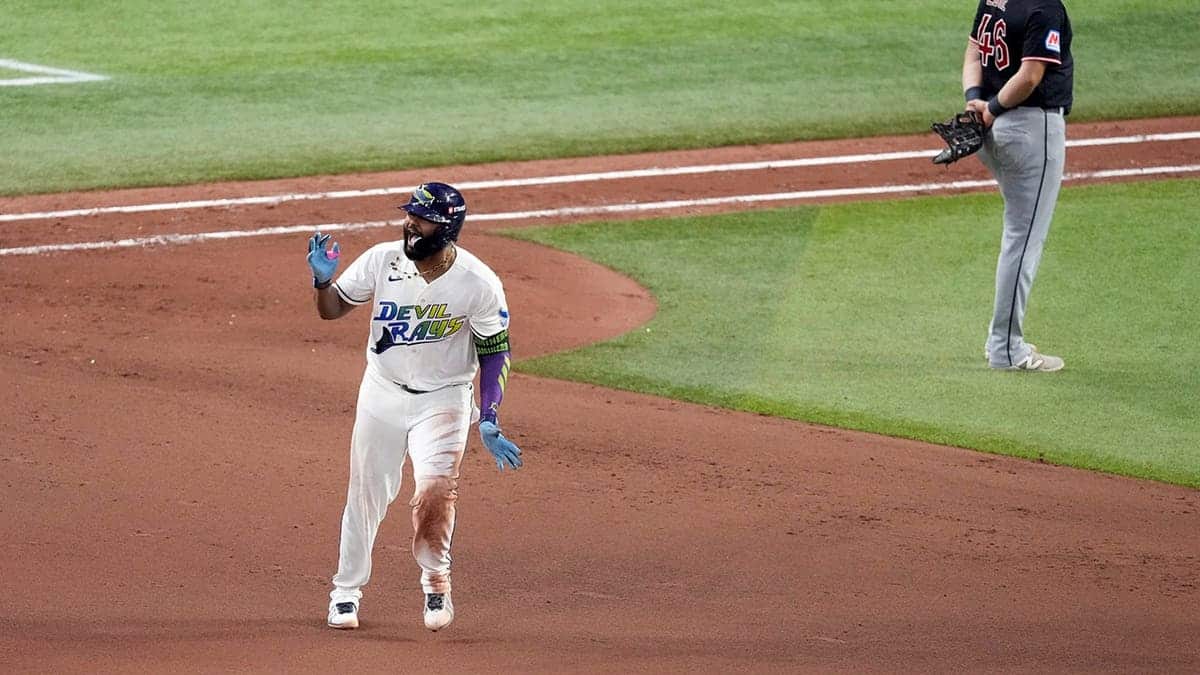 Junior Caminero celebrates after hitting a two-run home run during Game 6 of the American League Championship Series.