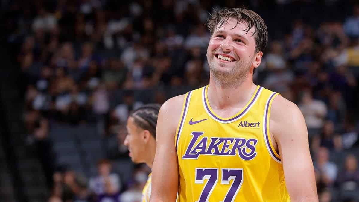 Luka Doncic looks on during a Lakers game in Sacramento.