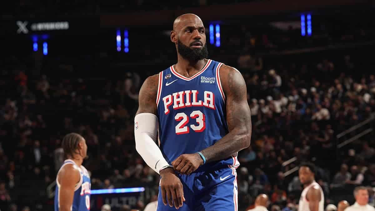 LeBron James #23 of the Philadelphia 76ers looks on during a game against the New York Knicks at Madison Square Garden.