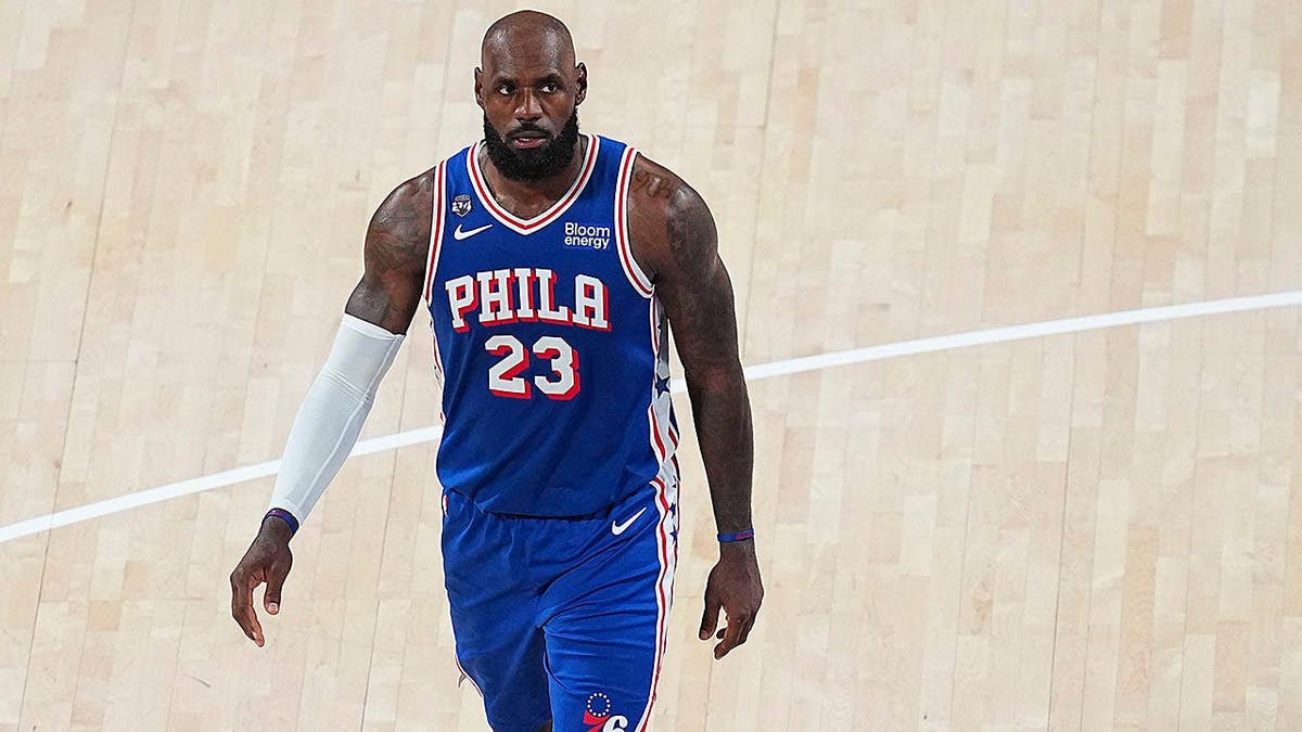 LeBron James of the Philadelphia 76ers looks on during a game against the Cleveland Cavaliers.