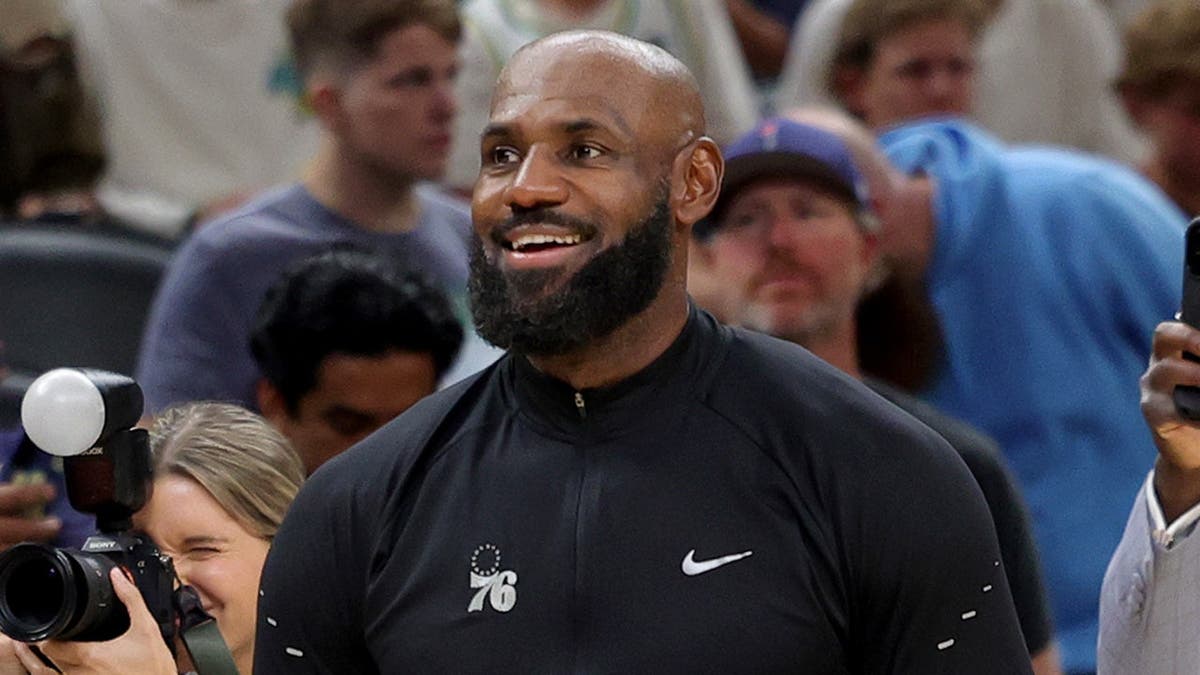 LeBron James of the Philadelphia 76ers smiles before a game against the Indiana Pacers.