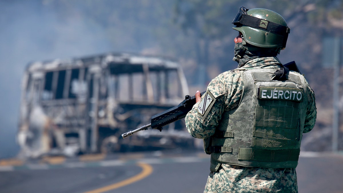 Soldier stands guard by a charred vehicle