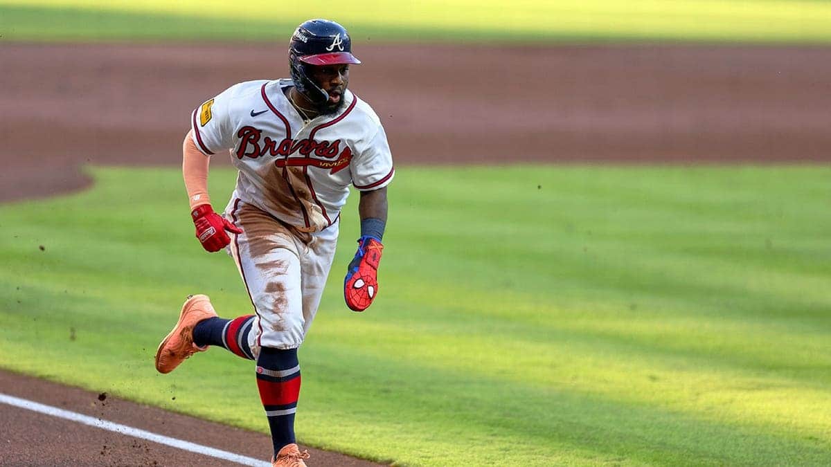 Michael Harris II steals home plate during Game 4 of the National League Division Series between the Atlanta Braves and Los Angeles Dodgers.