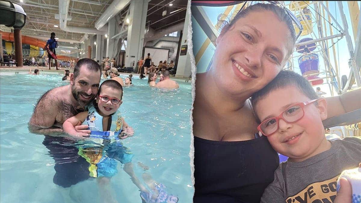 image shows split of family at waterpark