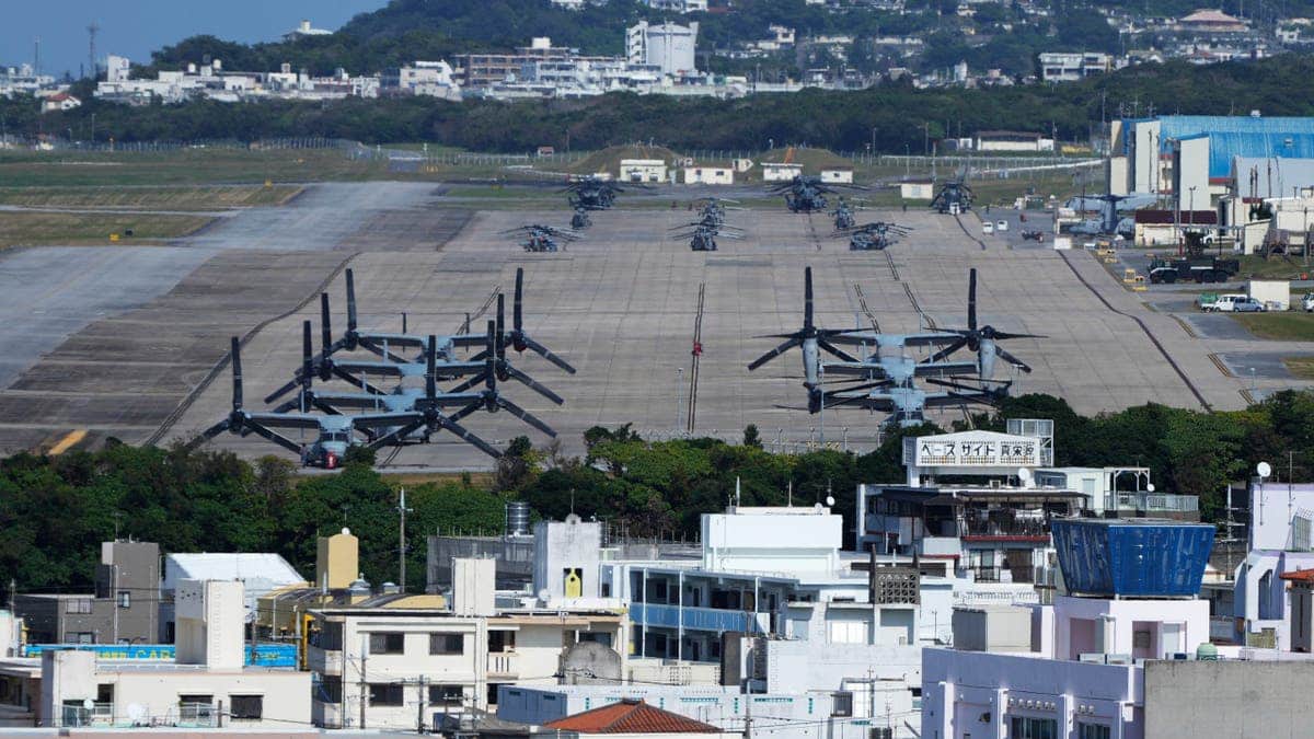 U.S. MV-22 Osprey transport aircraft parked at Marine Corps Air Station Futenma in Ginowan, Okinawa