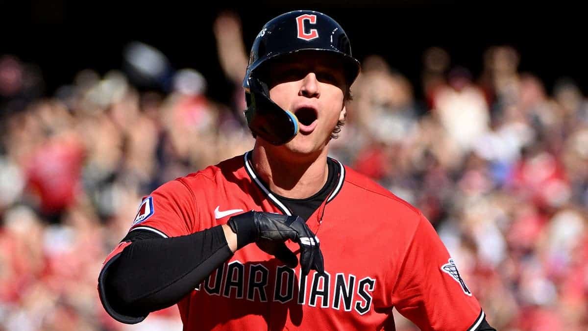 Petey Halpin celebrates after hitting a two-run home run during Game 3 of the American League Championship Series.