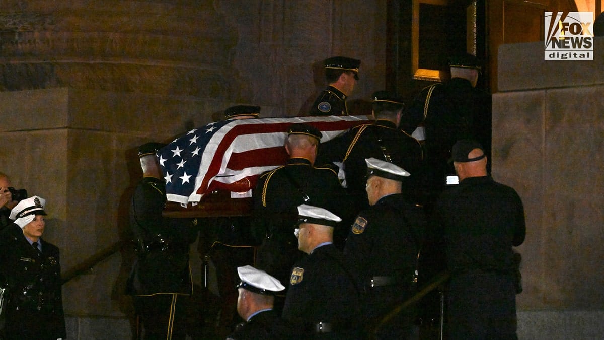 The casket of the late Philadelphia Police Officer Shane Seiber is escorted into Cathedral Basilica in Philadelphia, Pennsylvania, United States on Tuesday, October 20, 2026. Police Officer Shane Seiber will be remembered at a funeral service after being killed in the line of duty. Credit: Kyle Mazza/CNP for Fox News Digital