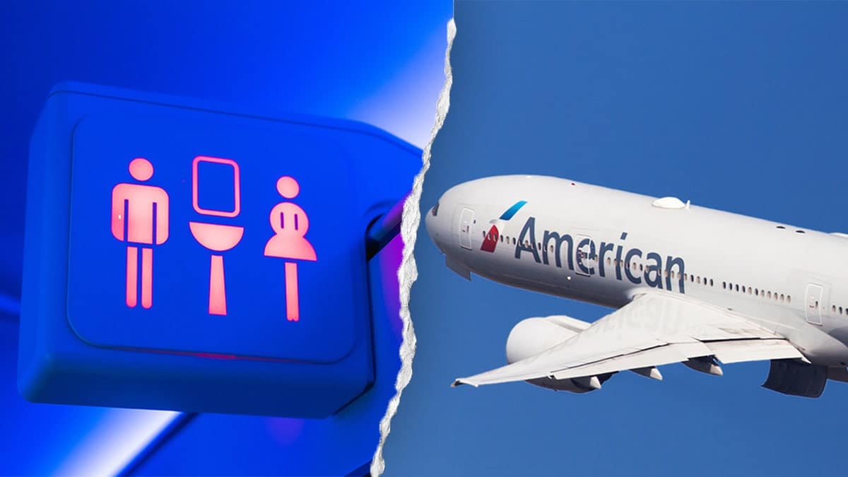 Lavatory sign and American Airlines plane