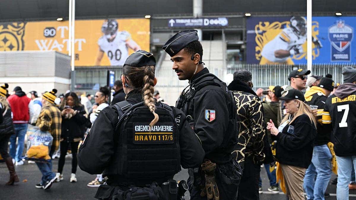 Police officers patrol outside the Stade de France stadium in Paris.