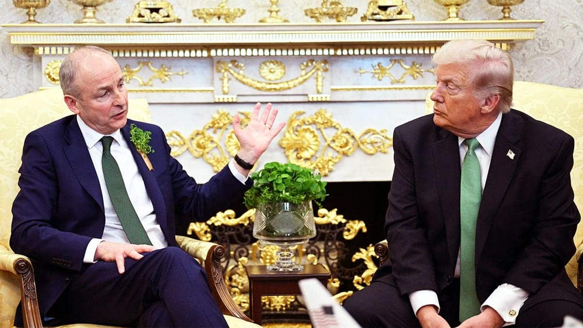 President Donald Trump listens as Irish Prime Minister Micheál Martin speaks during a bilateral meeting in the Oval Office at the White House in Washington, D.C., on March 17, 2026. Martin later told Fox News Digital the United States could potentially play a role in a future push for a united Ireland.
