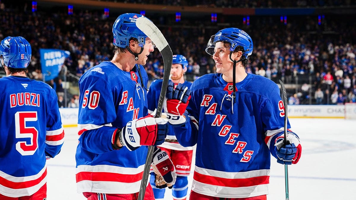 Will Cuylle #50 and Gabe Perreault #94 of the New York Rangers