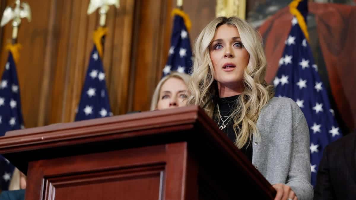 Riley Gaines speaks at a news conference following the House vote on the Protection of Women and Girls in Sports Act.