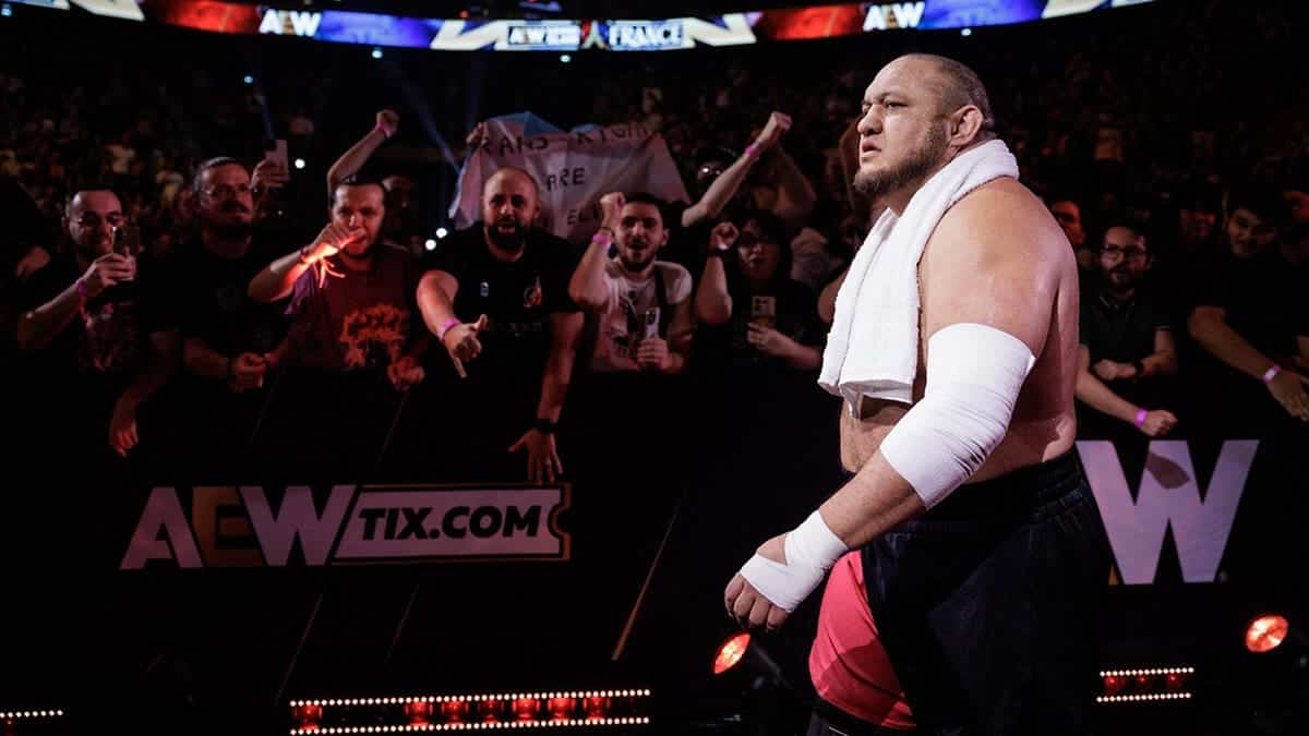 Samoa Joe arrives at the Adidas Arena in Paris.