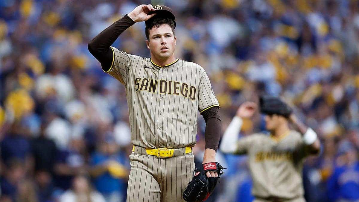 Mason Miller adjusts his cap after walking Gary Sanchez during Game 2 of the National League Division Series.