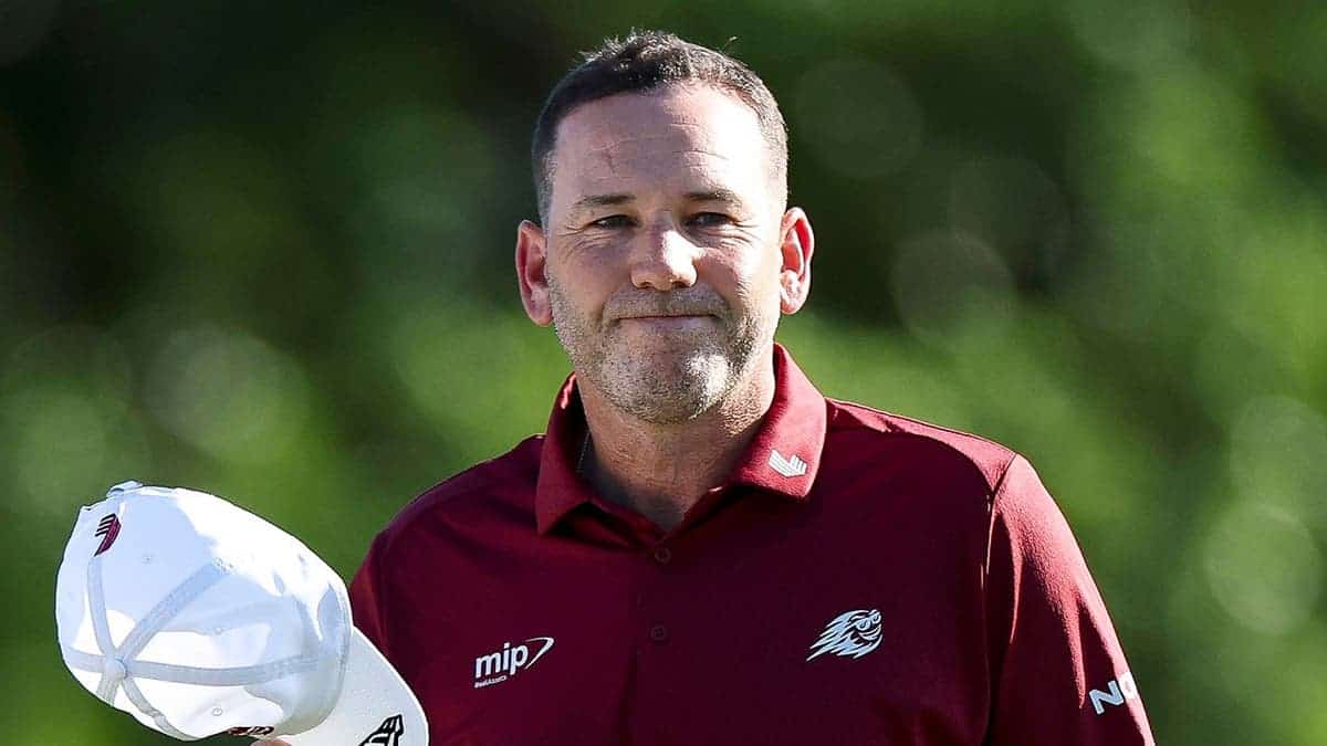 Sergio Garcia reacting on the 18th green at Augusta National Golf Club
