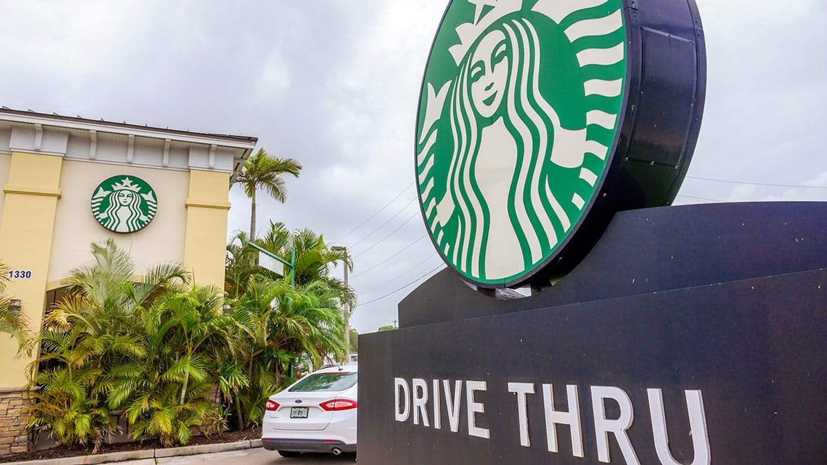 Melbourne, Florida, Starbucks Coffee shop, drive thru lane.