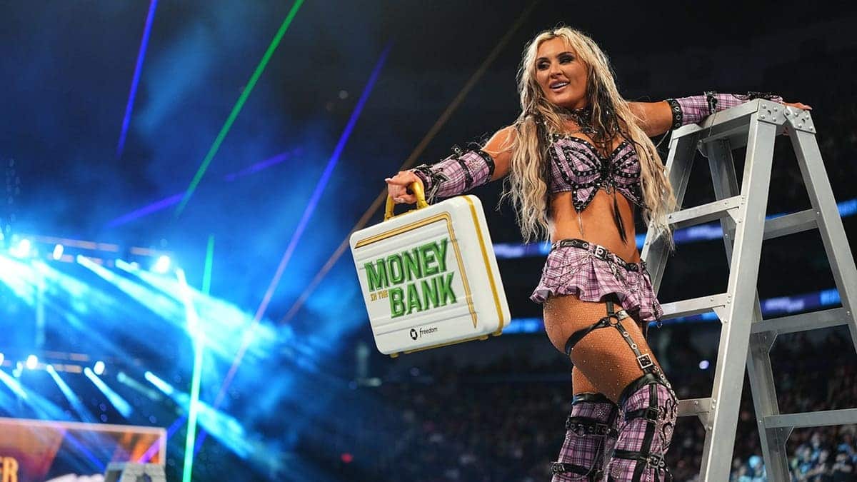 Tiffany Stratton celebrates after her win at Money in the Bank in New Orleans.