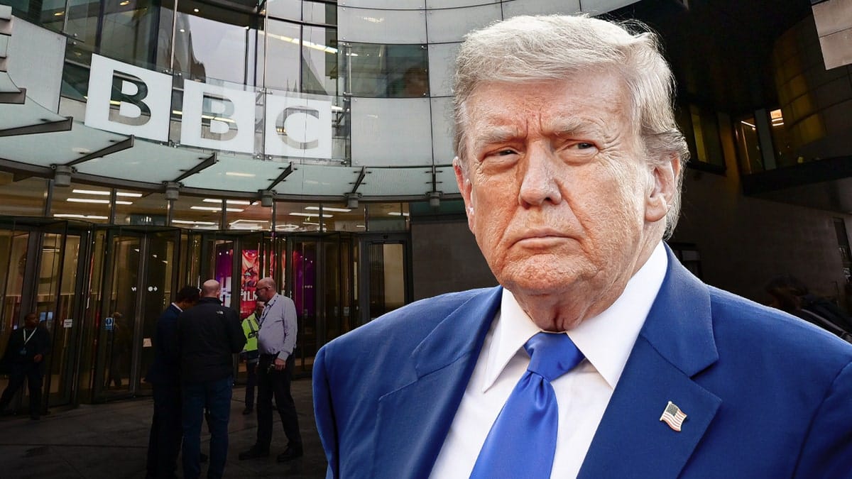 an illustration of Donald Trump in front of the BBC building