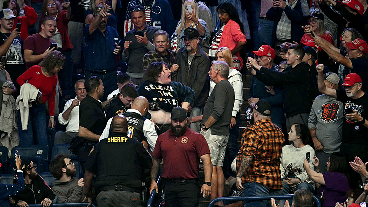 A protester yells at a Trump rally